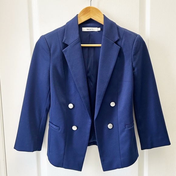 Ricki’s Blazer Slim Fit Cropped Ponte Knit Open Front 3/4 Sleeves Blue Size XS - Picture 2 of 16